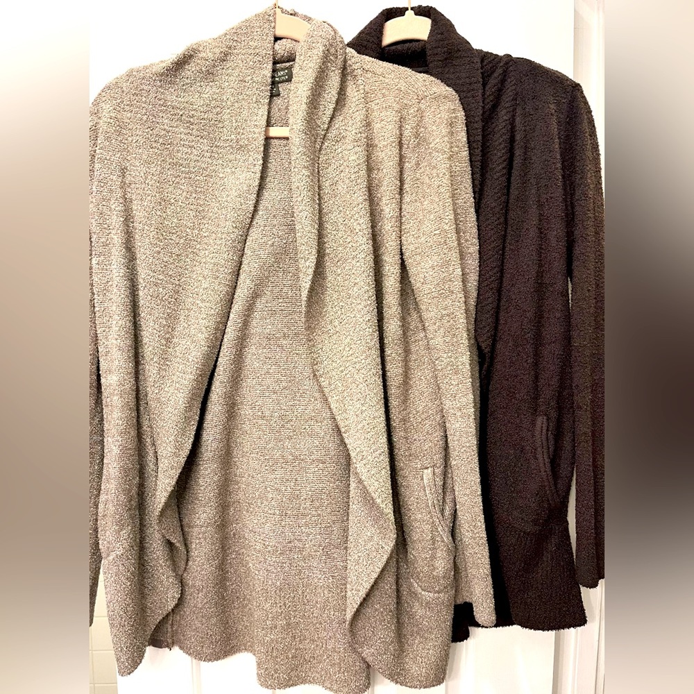 Barefoot Dreams Open Front Cardigan Sweater in Light Gray and Dark Brown